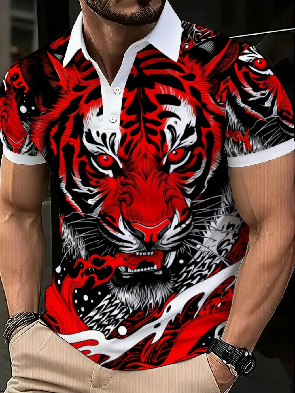 Sports Shirt 2026 Summer New Mens Polo Shirt Printed Design - No Texture Mens Polo Shirt with Bold Tiger Pattern