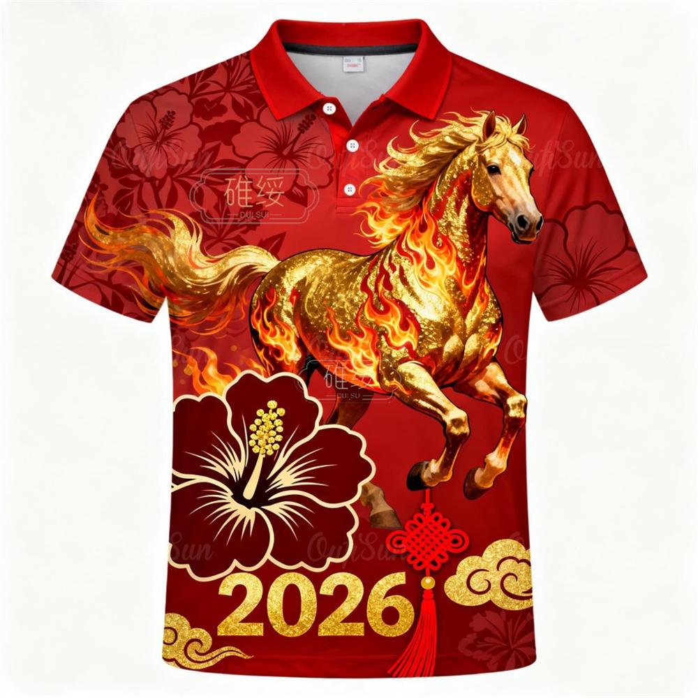 Sports Shirt 2026 Happy New Horse Year Print Polo Shirt Festival Gift Funny Personality Street Personality Horse