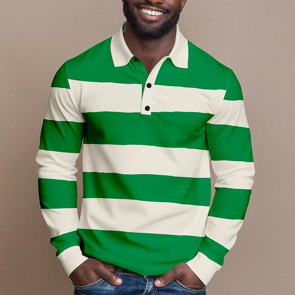 Sports Shirt 2026 Fashion Mens Stripes Long Sleeve Polo Shirt Breathable Business Casual Top Slim Fit Quick Dry