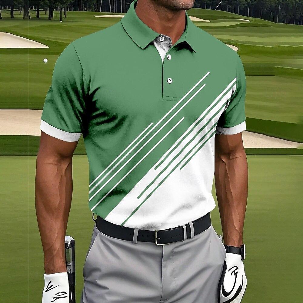 Sports Shirt Contrast Color Block Mens Polo Shirt Stripe Fit Sport Breathable Outdoor Short Sleeve Button Golf