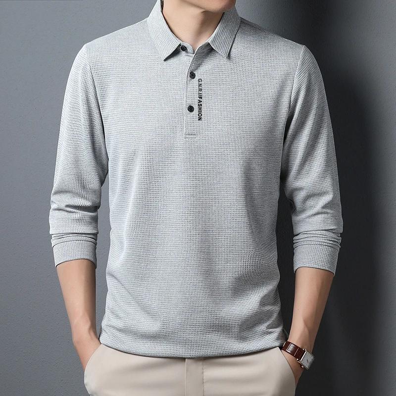 Sports Shirt Mens Waffle Long Sleeved POLO Shirt with Letter Printed Lapel Casual Top
