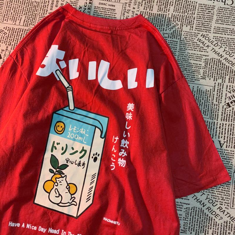 Cute Japanese Cat Print Oversized T-shirt Women Men Short Sleeve Loose Casual Tee Shirt Streetwear