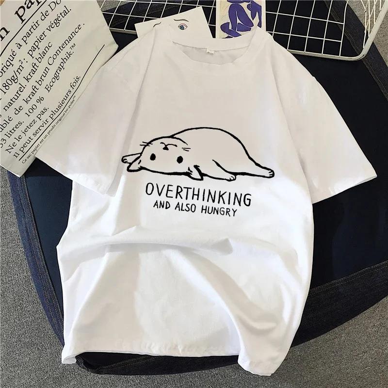90s Graphic Rock Top Tees Female Simple Brush Drawing Cat T Shirt Harajuku Vintage T-shirt Fashion