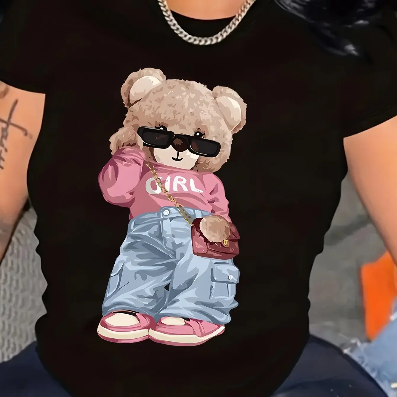 Cute Bear Print T-shirt Short Sleeve Crew Neck Casual Top For Summer & Spring Women's Clothing T
