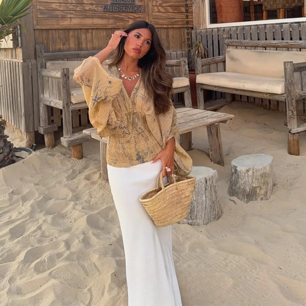 KONDALA Boho Holiday Tie Dye Print Women Shirt V Neck Long Sleeve Elastic Slim Blouse Fashion 2026