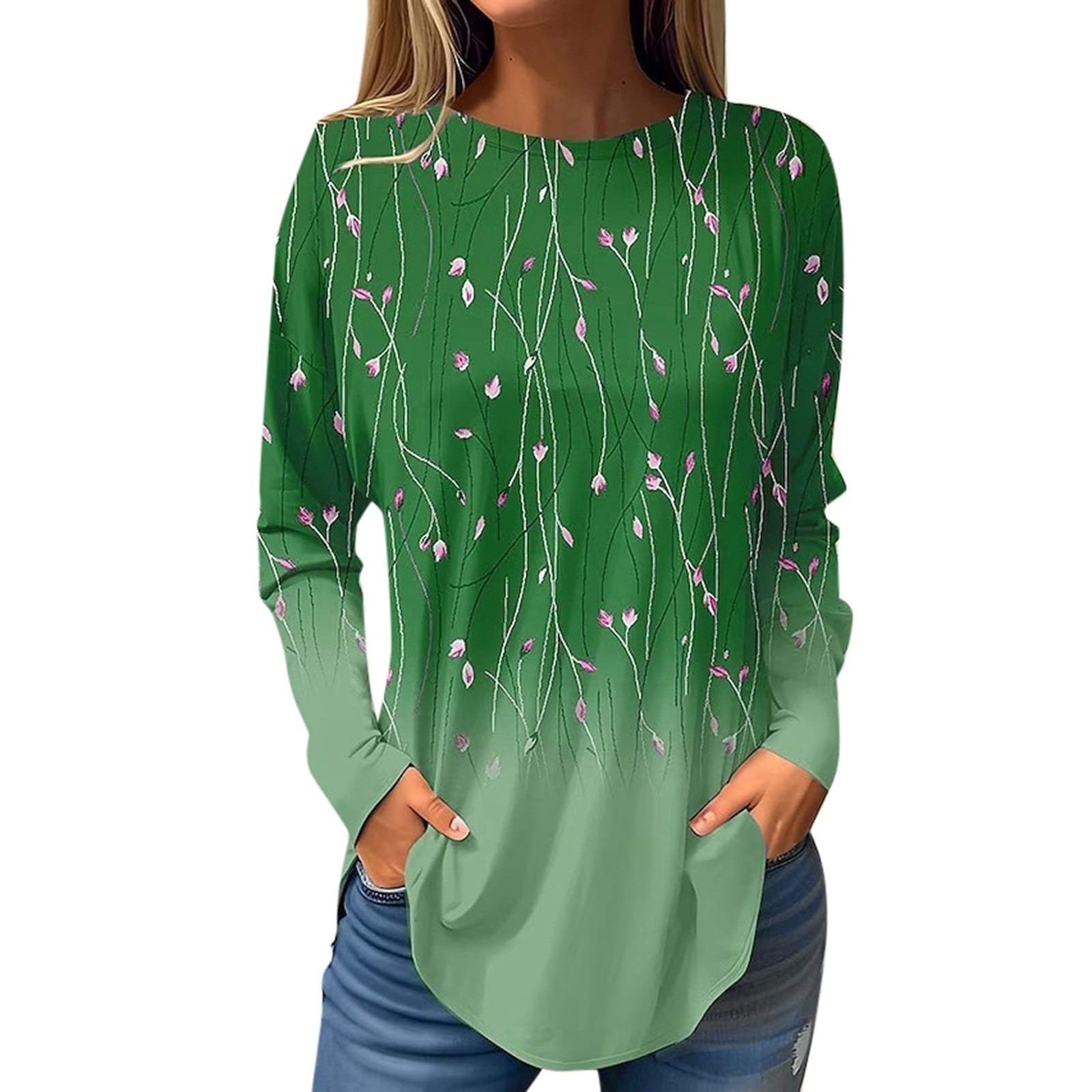 Fashion women's Long Sleeve T-shirt Round Neck Pullover Casual Plant Willow Branch Pattern 3d