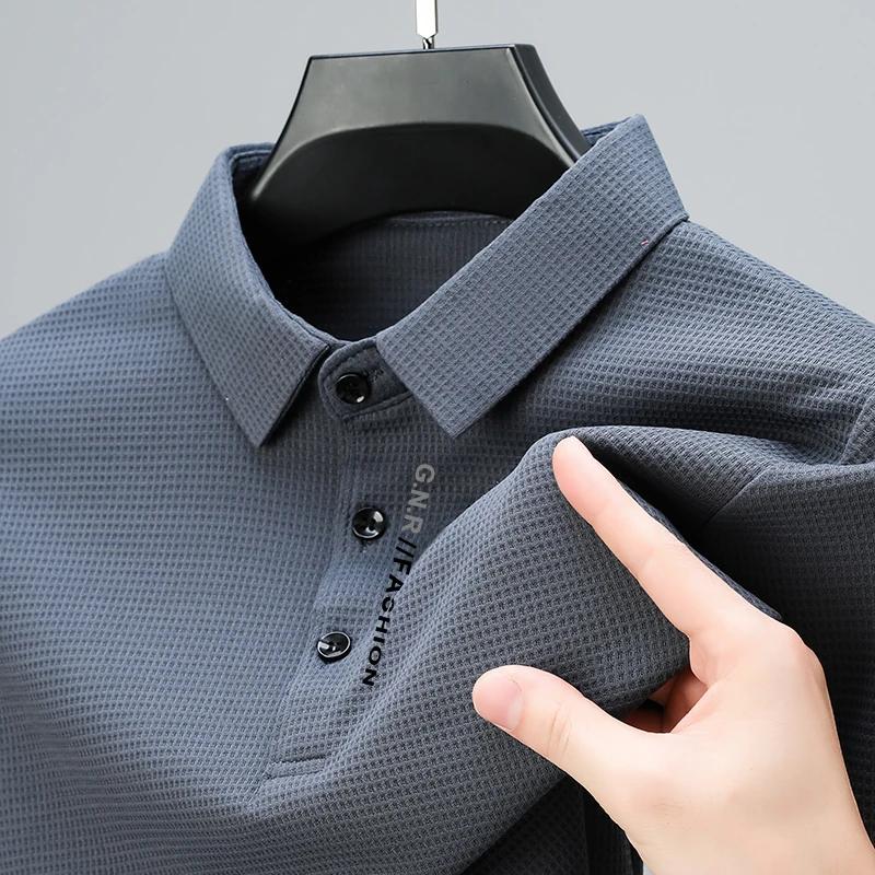 Sports Shirt Mens Waffle Long Sleeved POLO Shirt with Letter Printed Lapel Casual Top