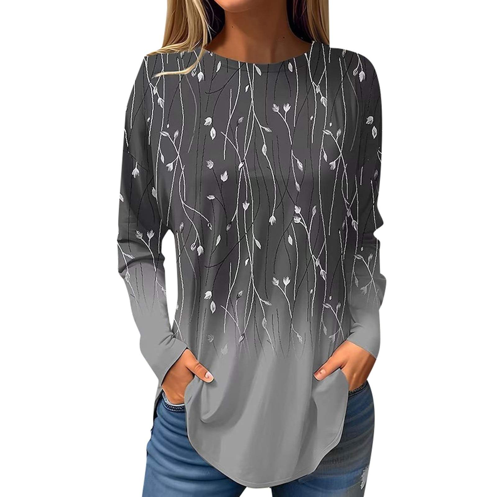 Fashion women's Long Sleeve T-shirt Round Neck Pullover Casual Plant Willow Branch Pattern 3d