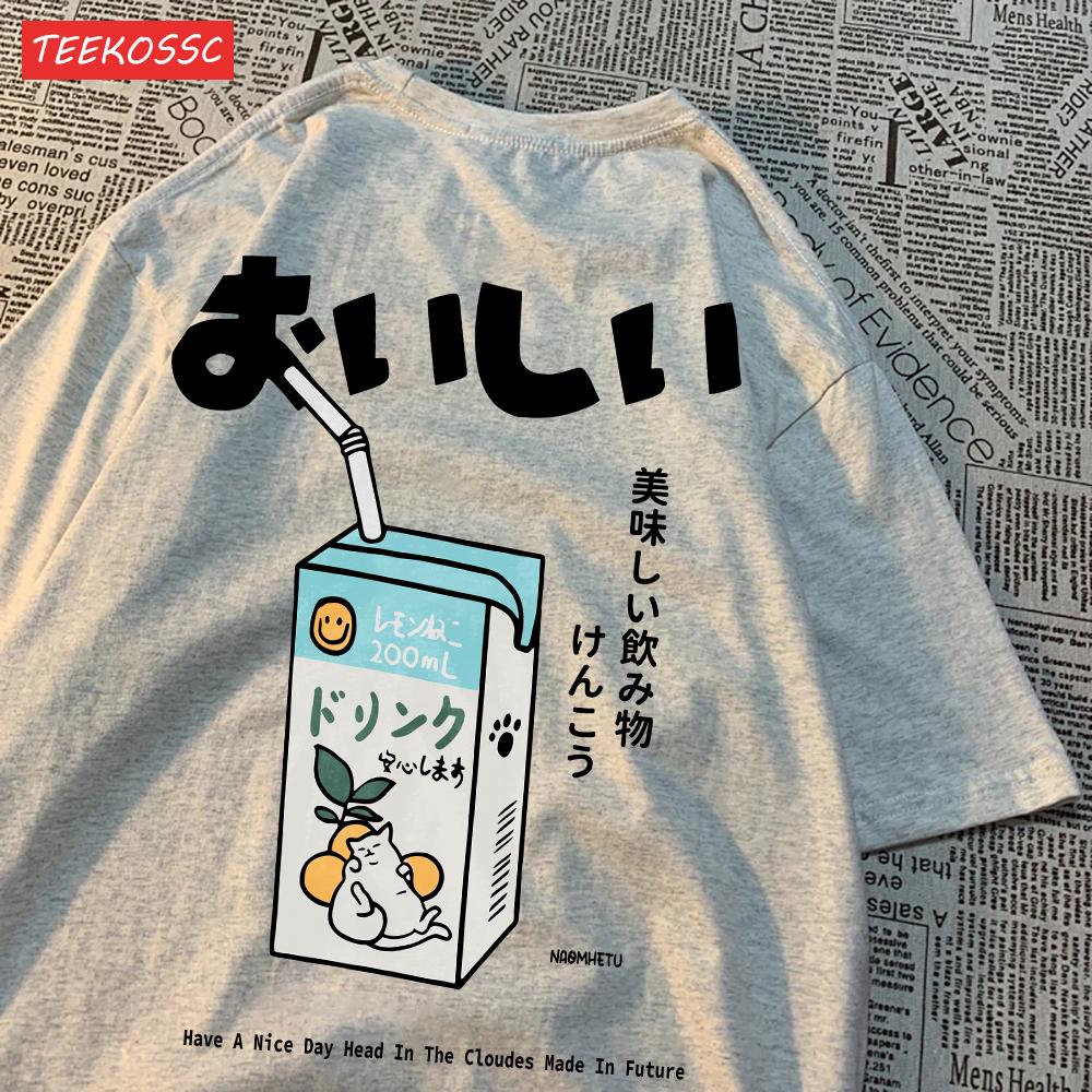 Cute Japanese Cat Print Oversized T-shirt Women Men Short Sleeve Loose Casual Tee Shirt Streetwear
