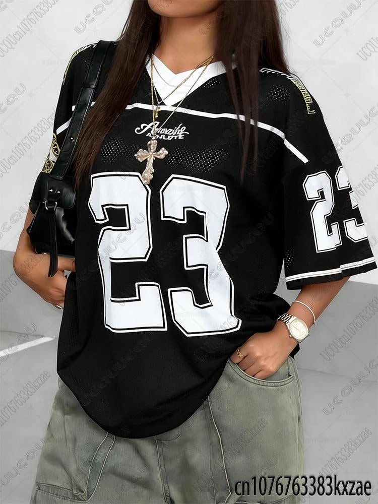 2026 Summer Black Speed 23 Printed T-Shirt For Women V-Neck Short Sleeve Sports Football Jersey Y2K