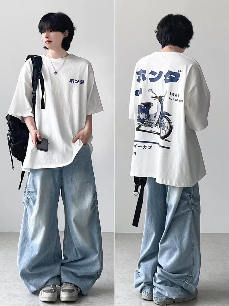 Sports Shirt Fashion Loose T-Shirt Retro Summer Cartoon Anime Car Print Unisex Short Sleeve Round Neck Couples