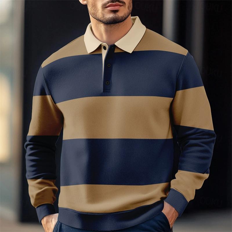 Sports Shirt Mens casual striped pattern polo shirt autumn outdoor street 3D printed long sleeved polo shirt