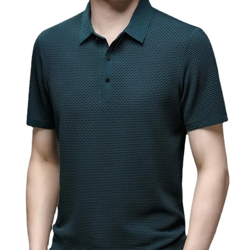 Sports Shirt 2026 Summer New Mens Lop-up Hollow Short-sleeved Polo Tee Shirt Ice Silk Breathable Business Fashion