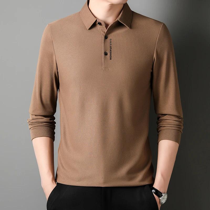 Sports Shirt Mens Waffle Long Sleeved POLO Shirt with Letter Printed Lapel Casual Top