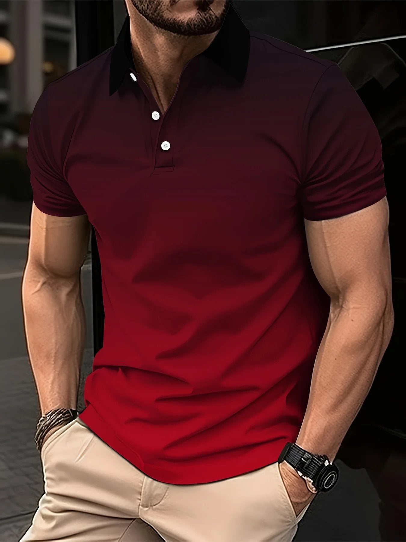 Sports Shirt Mens fashion gradient color shirt polo lapel golf shirt short-sleeved printed button clothing
