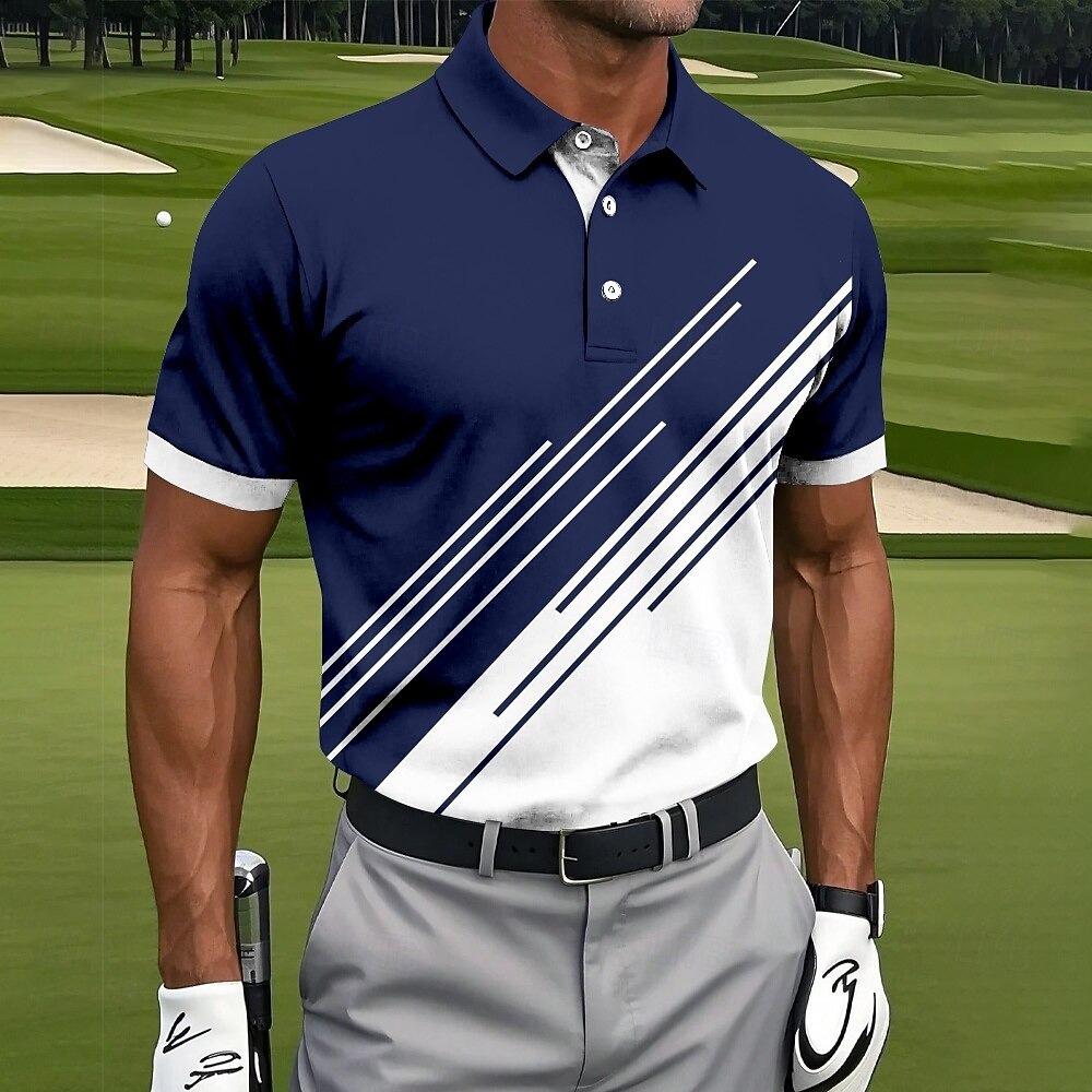 Sports Shirt Contrast Color Block Mens Polo Shirt Stripe Fit Sport Breathable Outdoor Short Sleeve Button Golf