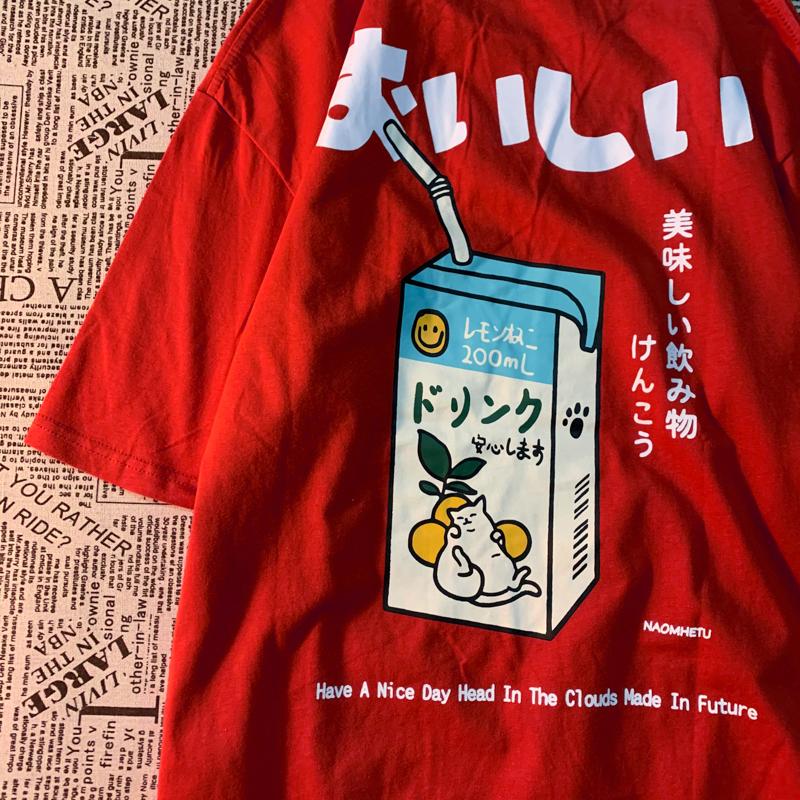 Cute Japanese Cat Print Oversized T-shirt Women Men Short Sleeve Loose Casual Tee Shirt Streetwear