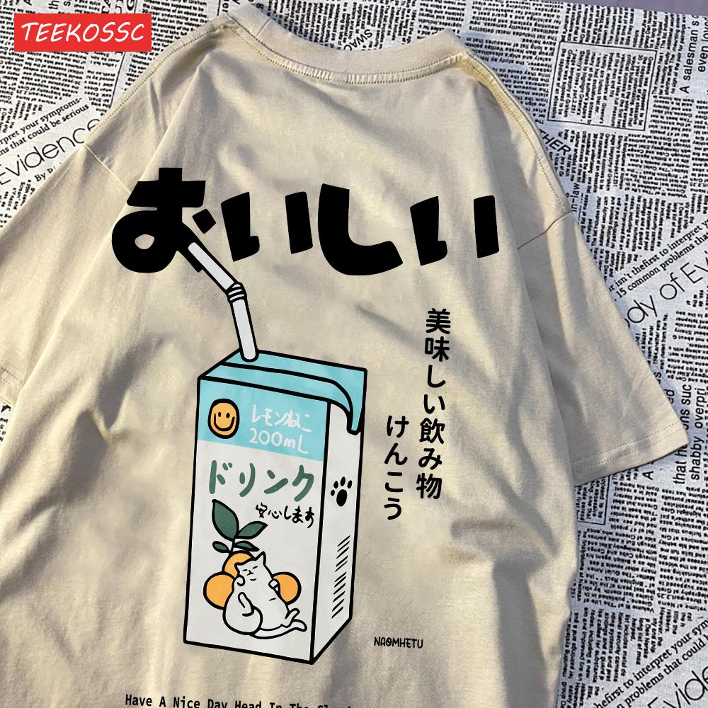 Cute Japanese Cat Print Oversized T-shirt Women Men Short Sleeve Loose Casual Tee Shirt Streetwear