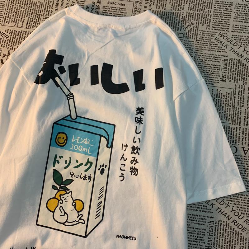 Cute Japanese Cat Print Oversized T-shirt Women Men Short Sleeve Loose Casual Tee Shirt Streetwear