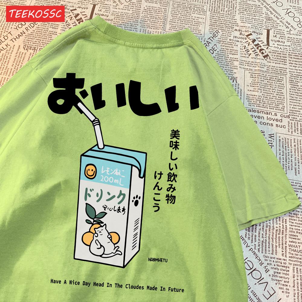 Cute Japanese Cat Print Oversized T-shirt Women Men Short Sleeve Loose Casual Tee Shirt Streetwear