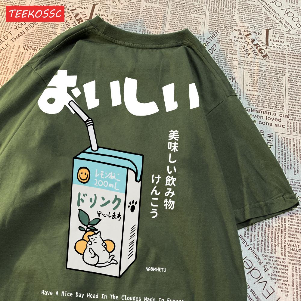 Cute Japanese Cat Print Oversized T-shirt Women Men Short Sleeve Loose Casual Tee Shirt Streetwear