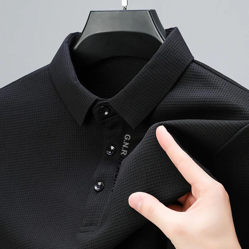 Sports Shirt Mens Waffle Long Sleeved POLO Shirt with Letter Printed Lapel Casual Top