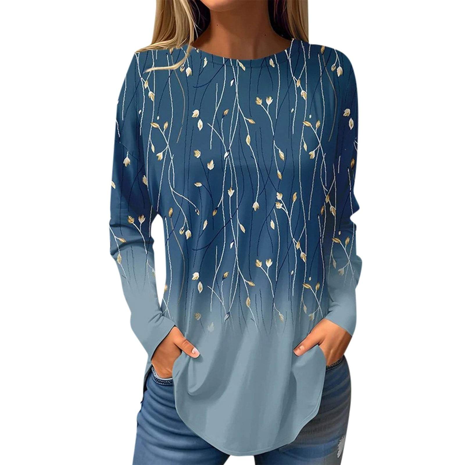 Fashion women's Long Sleeve T-shirt Round Neck Pullover Casual Plant Willow Branch Pattern 3d