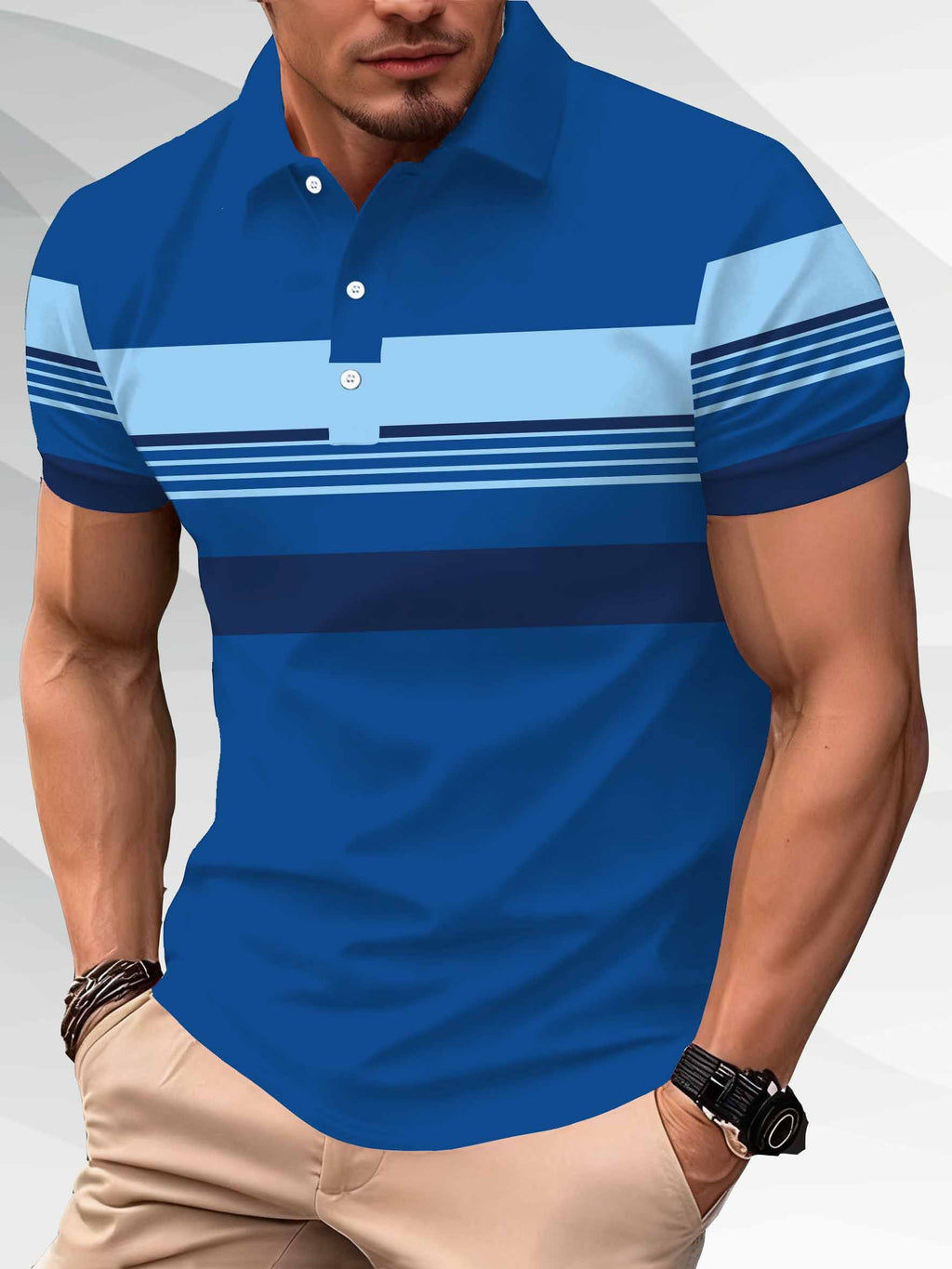 Sports Shirt 2026 Summer New Style Mens Short-Sleeved Polo Shirt with 3D Stripes Pattern Print - Street Casual