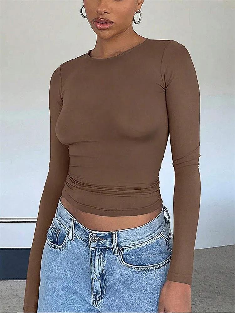 Basic Long Sleeve Crop Top for Women Spring Autumn Winter Round Neck Slim Fit Solid Color T-shirt