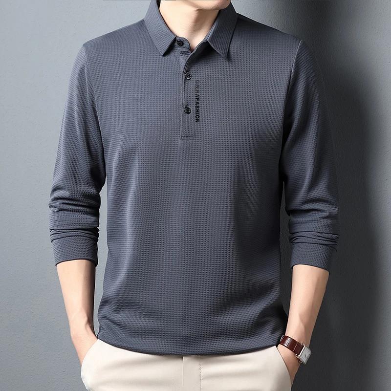 Sports Shirt Mens Waffle Long Sleeved POLO Shirt with Letter Printed Lapel Casual Top