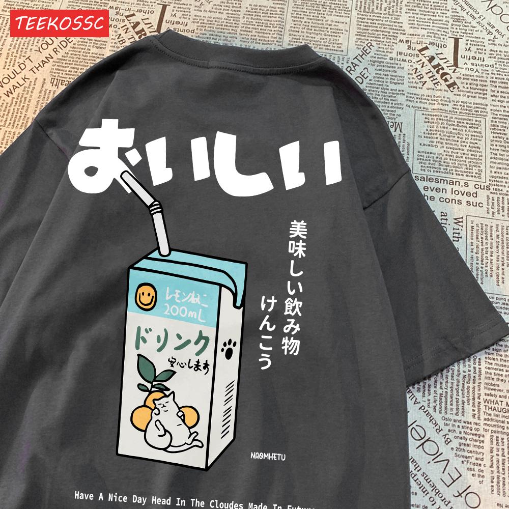 Cute Japanese Cat Print Oversized T-shirt Women Men Short Sleeve Loose Casual Tee Shirt Streetwear