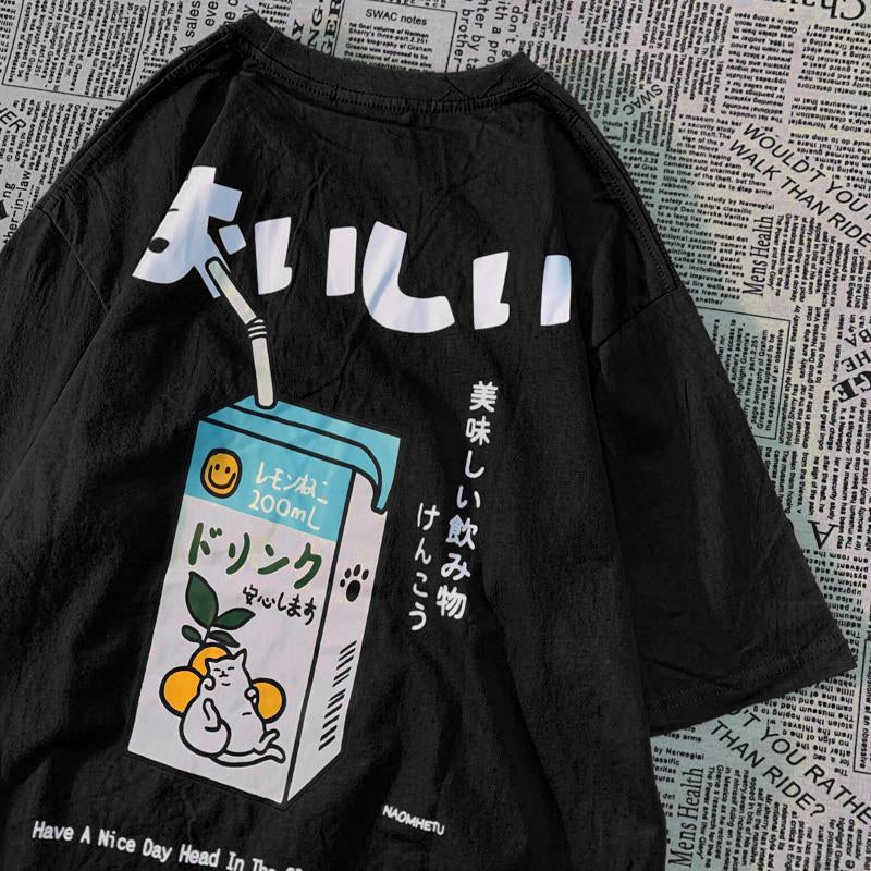 Cute Japanese Cat Print Oversized T-shirt Women Men Short Sleeve Loose Casual Tee Shirt Streetwear