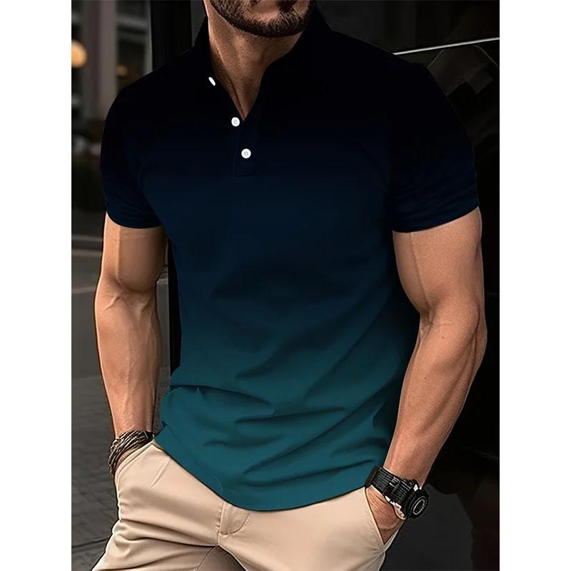 Sports Shirt Mens fashion gradient color shirt polo lapel golf shirt short-sleeved printed button clothing