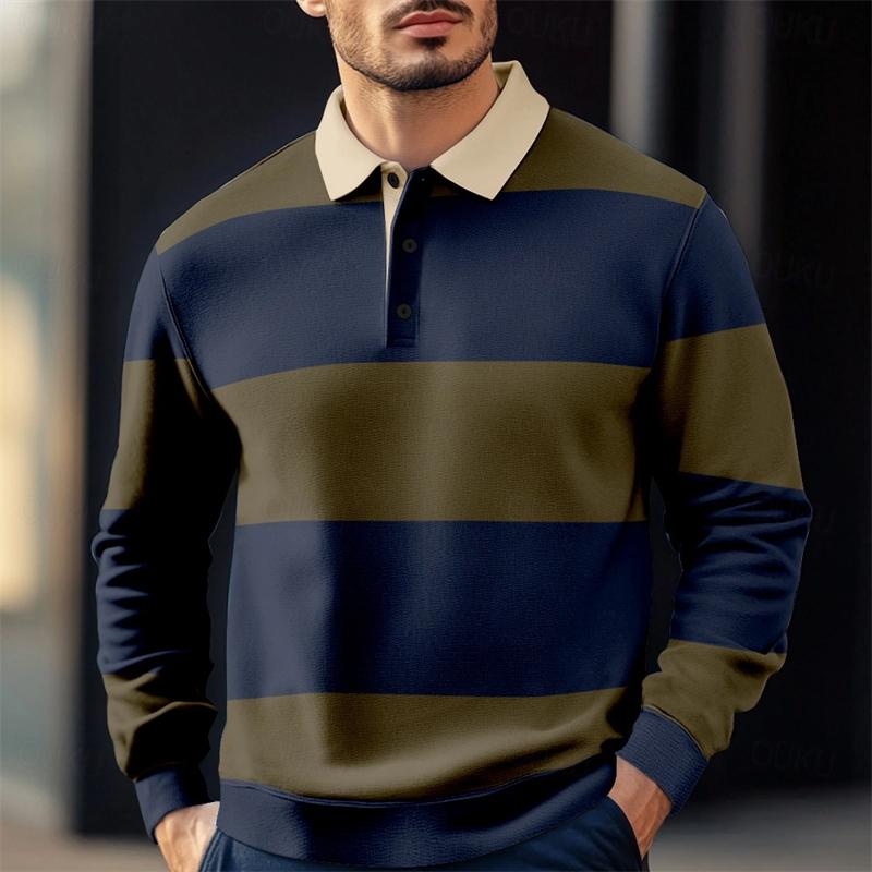 Sports Shirt Mens casual striped pattern polo shirt autumn outdoor street 3D printed long sleeved polo shirt