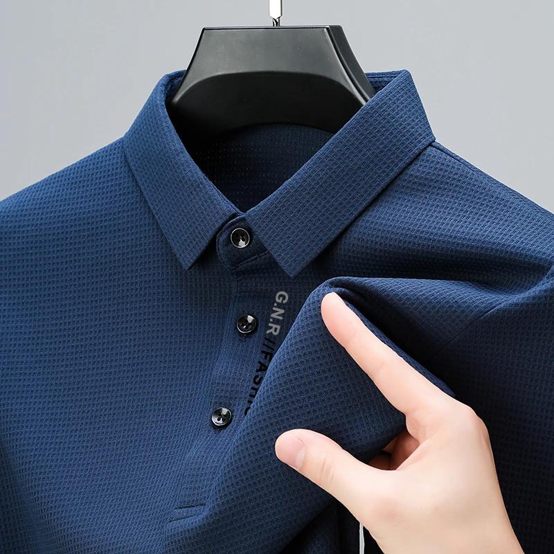 Sports Shirt Mens Waffle Long Sleeved POLO Shirt with Letter Printed Lapel Casual Top