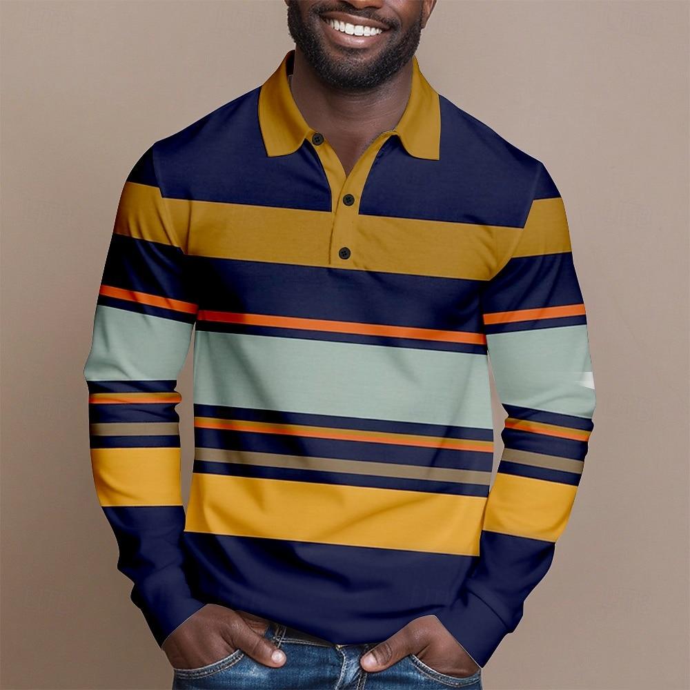 Sports Shirt 2026 Fashion Mens Stripes Long Sleeve Polo Shirt Breathable Business Casual Top Slim Fit Quick Dry