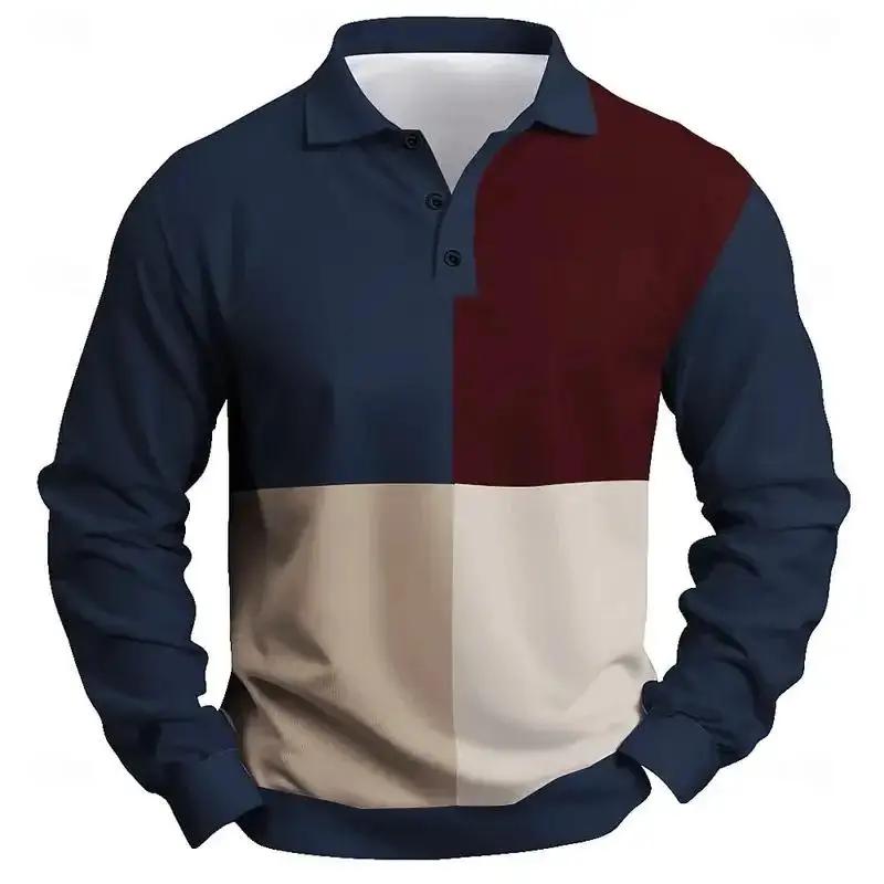 Sports Shirt New Men Clothes Spring Autumn Long Sleeve Spell Color Polo Shirt Men Sport Lapel Golf Polo Shirt