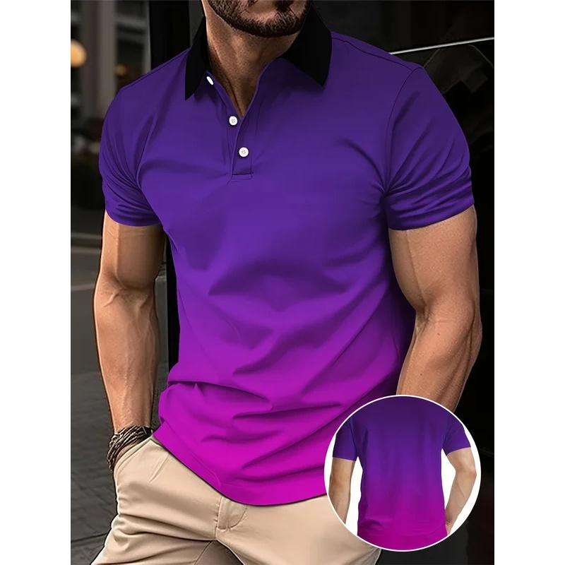 Sports Shirt Mens fashion gradient color shirt polo lapel golf shirt short-sleeved printed button clothing