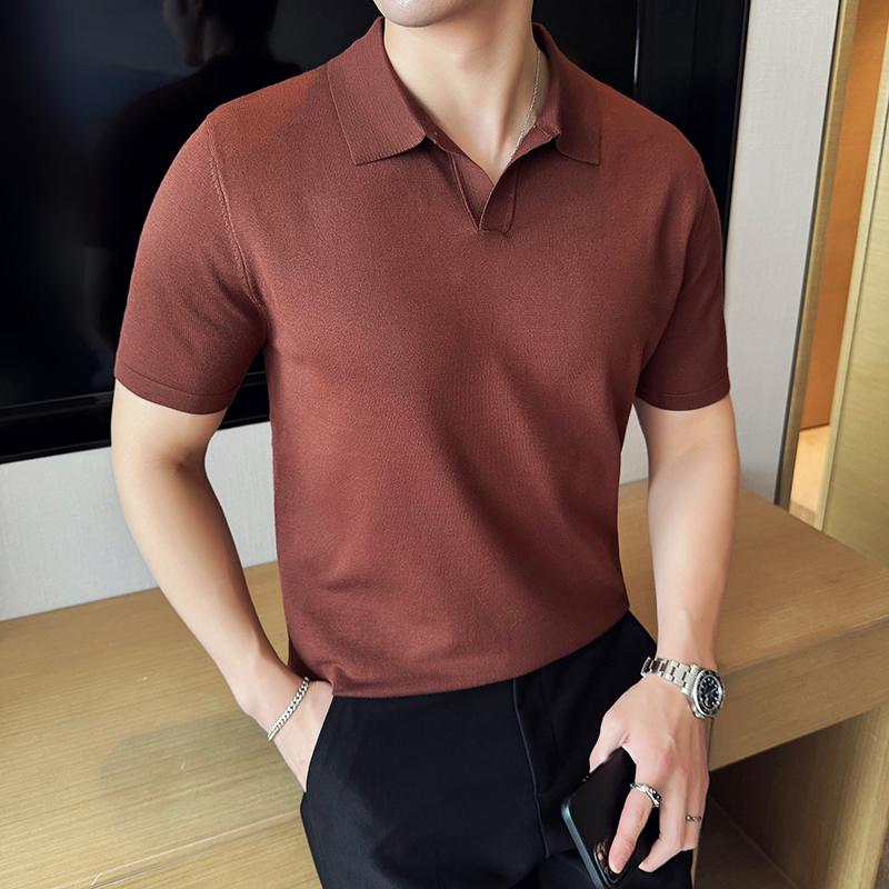 Sports Shirt High Elasticity Knitted Men Polo Shirt Short Sleeved 2026 Summer New Ice Silk Light Thin Solid