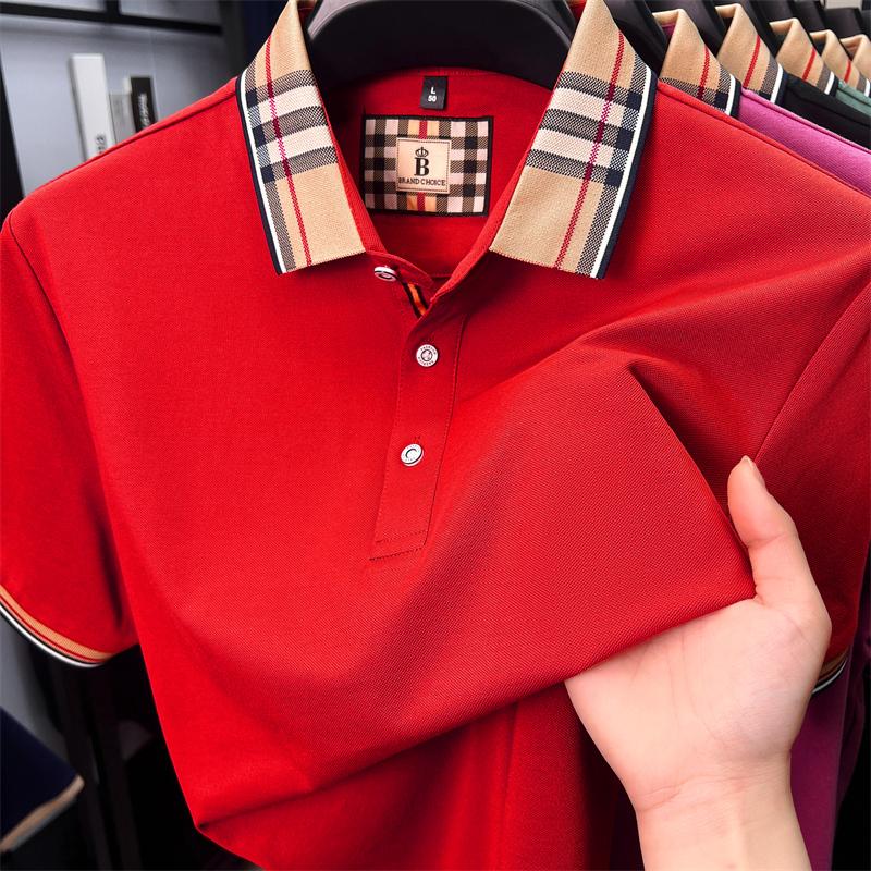 Sports Shirt High end silky cotton breathable short sleeve polo shirt mens summer new trend plaid lapel designer