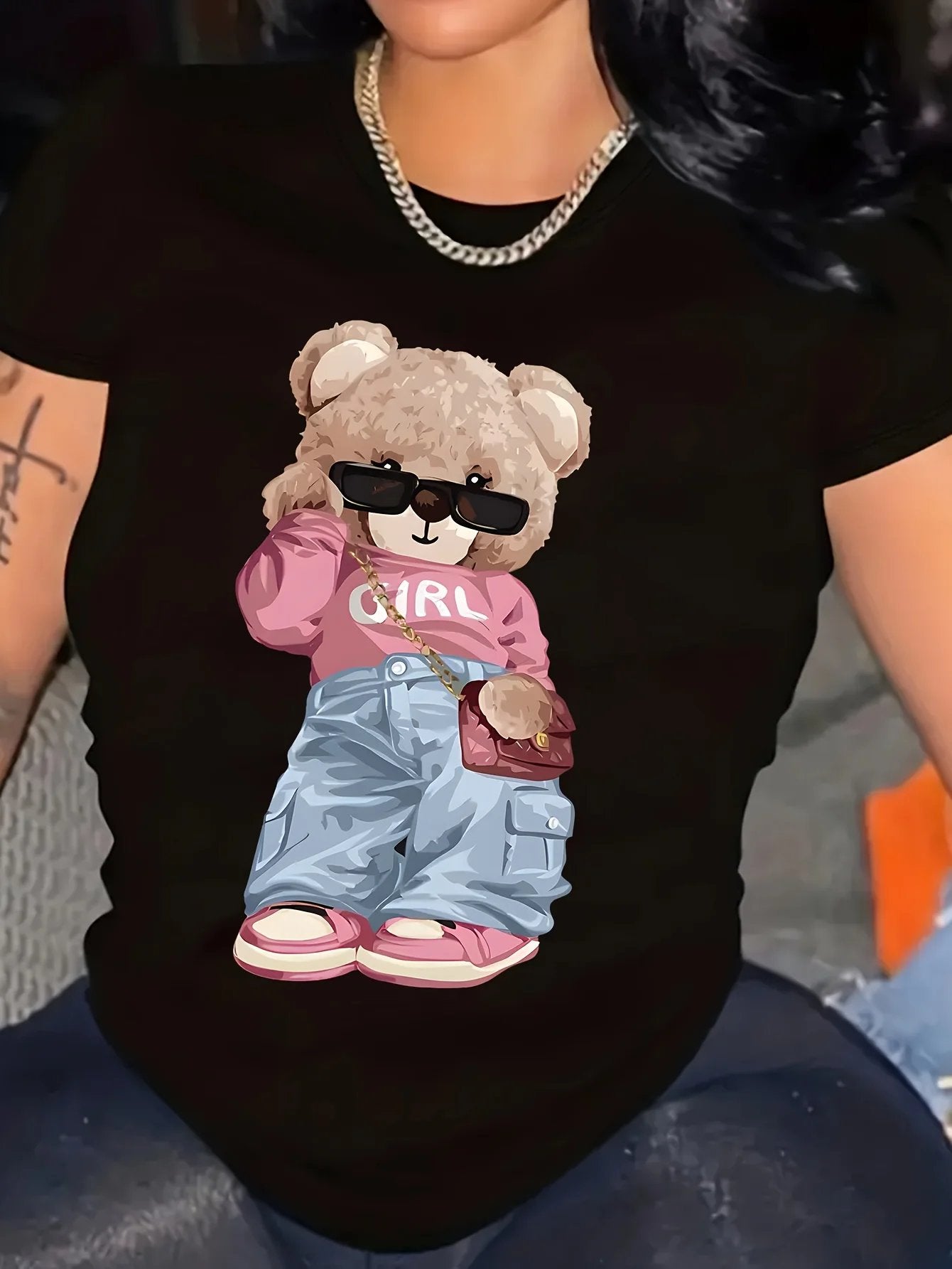 Cute Bear Print T-shirt Short Sleeve Crew Neck Casual Top For Summer & Spring Women's Clothing T