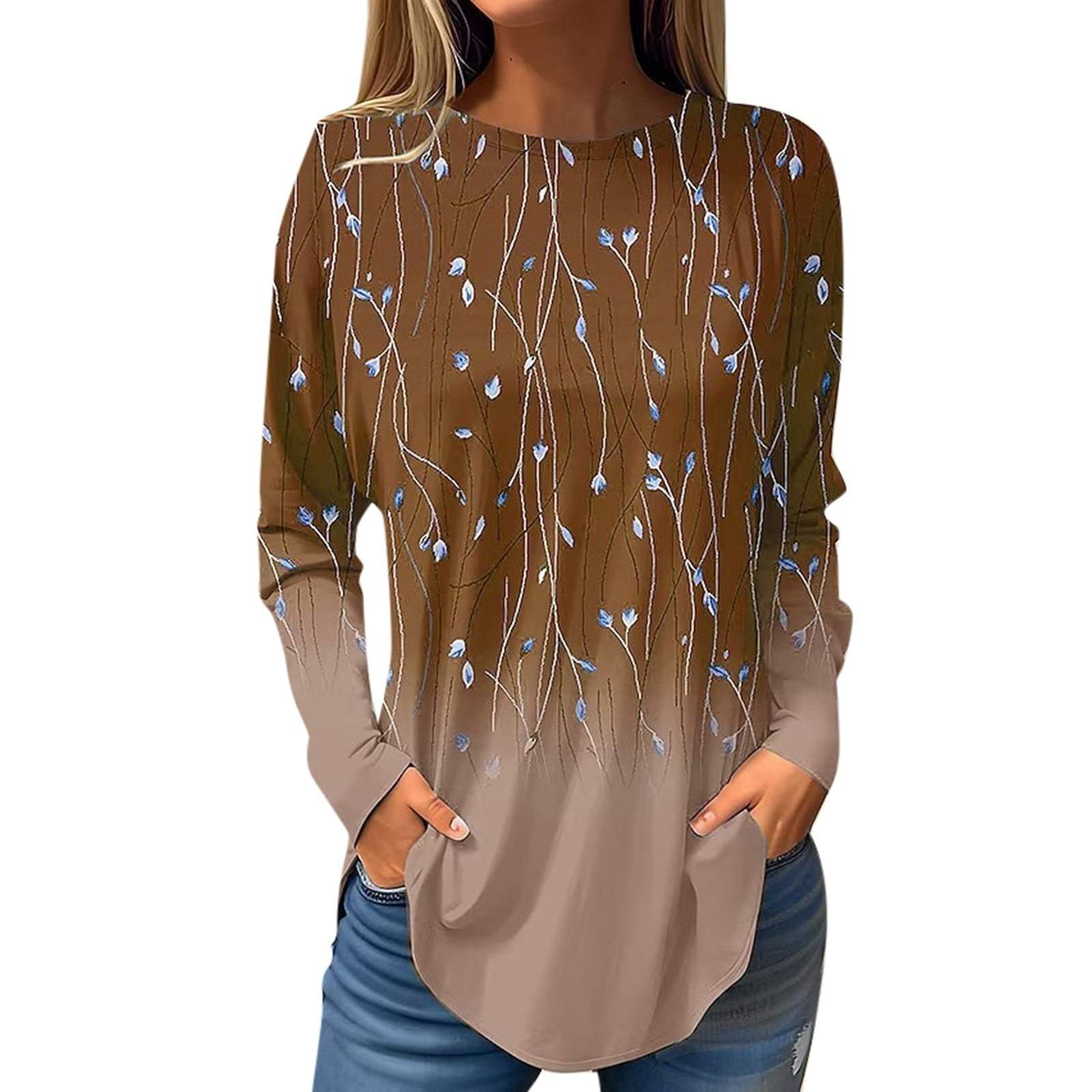 Fashion women's Long Sleeve T-shirt Round Neck Pullover Casual Plant Willow Branch Pattern 3d