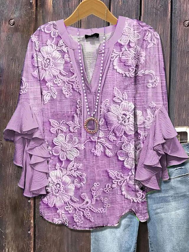 Fashion Women's All Over Print Ruffle Sleeve Shirt Lightweight Soft Loose Fit Blouse For Vacation