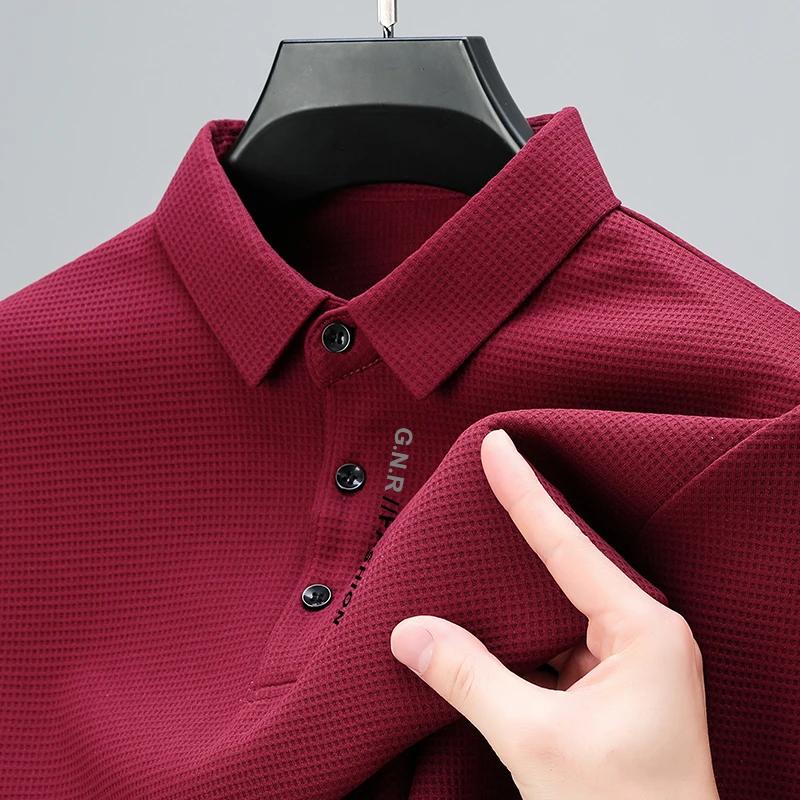 Sports Shirt Mens Waffle Long Sleeved POLO Shirt with Letter Printed Lapel Casual Top