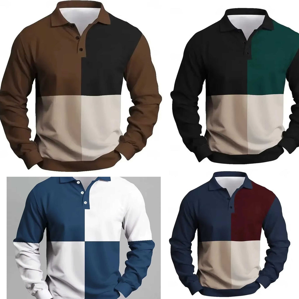 Sports Shirt New Men Clothes Spring Autumn Long Sleeve Spell Color Polo Shirt Men Sport Lapel Golf Polo Shirt