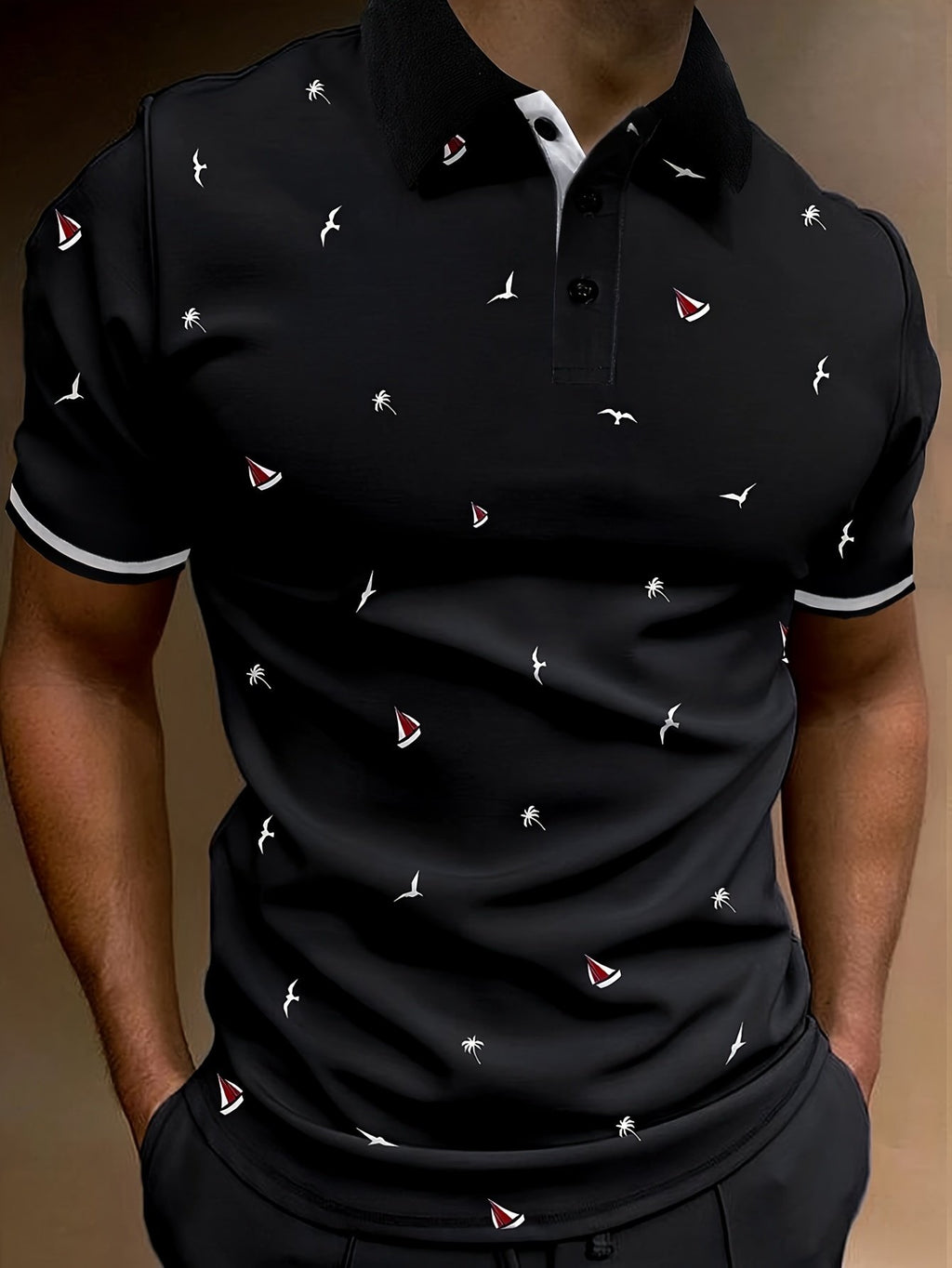 Sports Shirt 2026 Summer Mens Contrasting Collar Design Lapel Print Button Clothing Fashionable Design Casual