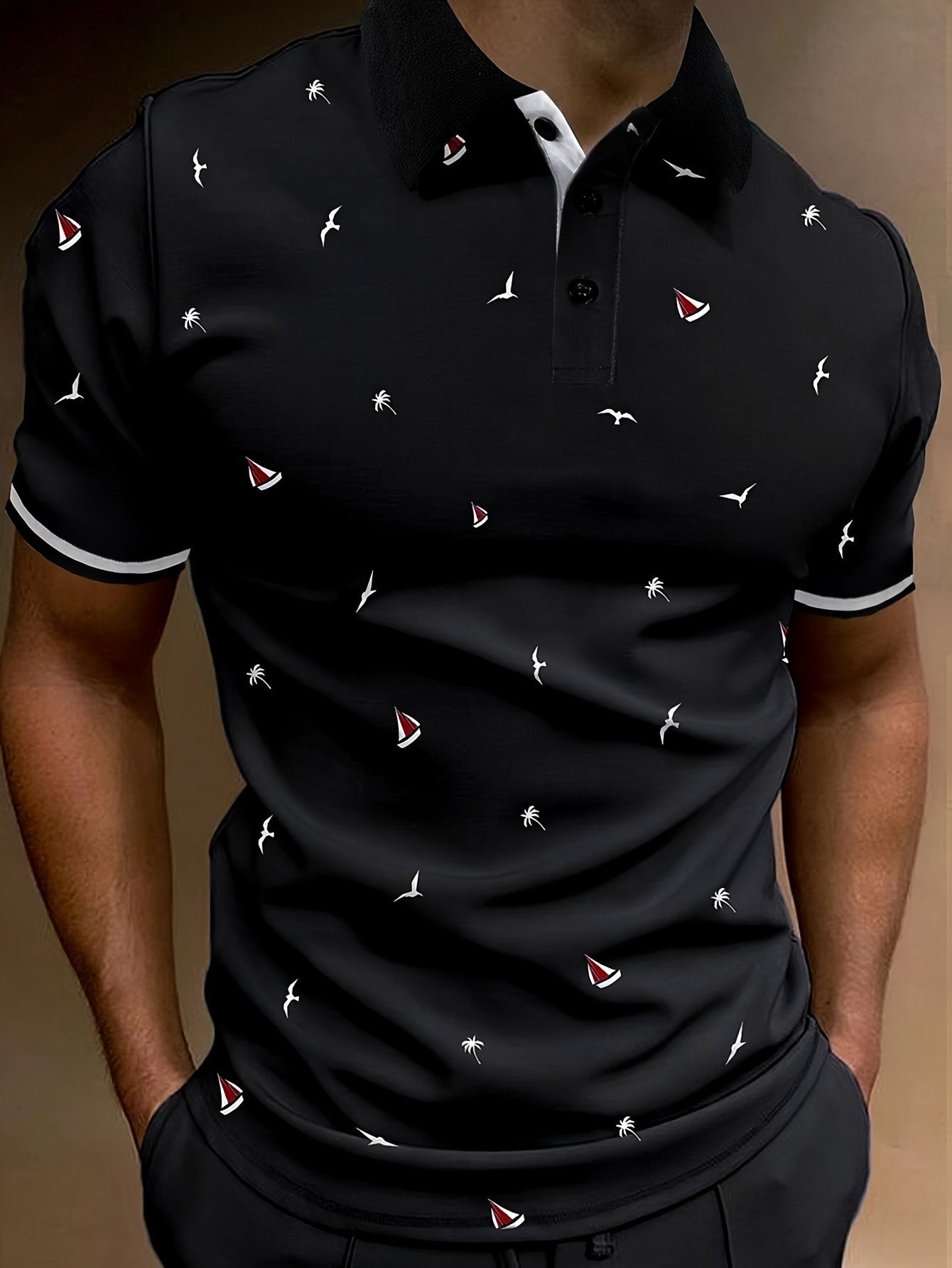 Sports Shirt 2026 Summer Mens Contrasting Collar Design Lapel Print Button Clothing Fashionable Design Casual