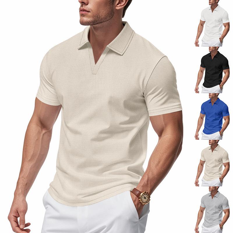 Sports Shirt 2026 Summer New Polo Collar Casual Fashion Mens Clothing Waffle Short Sleeve Solid Color Casual V