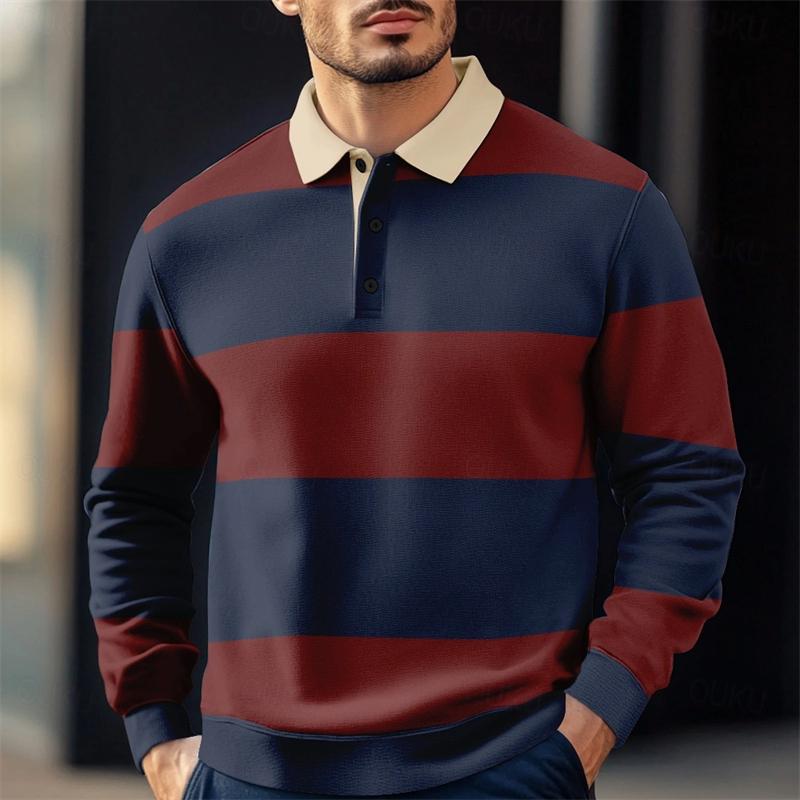 Sports Shirt Mens casual striped pattern polo shirt autumn outdoor street 3D printed long sleeved polo shirt