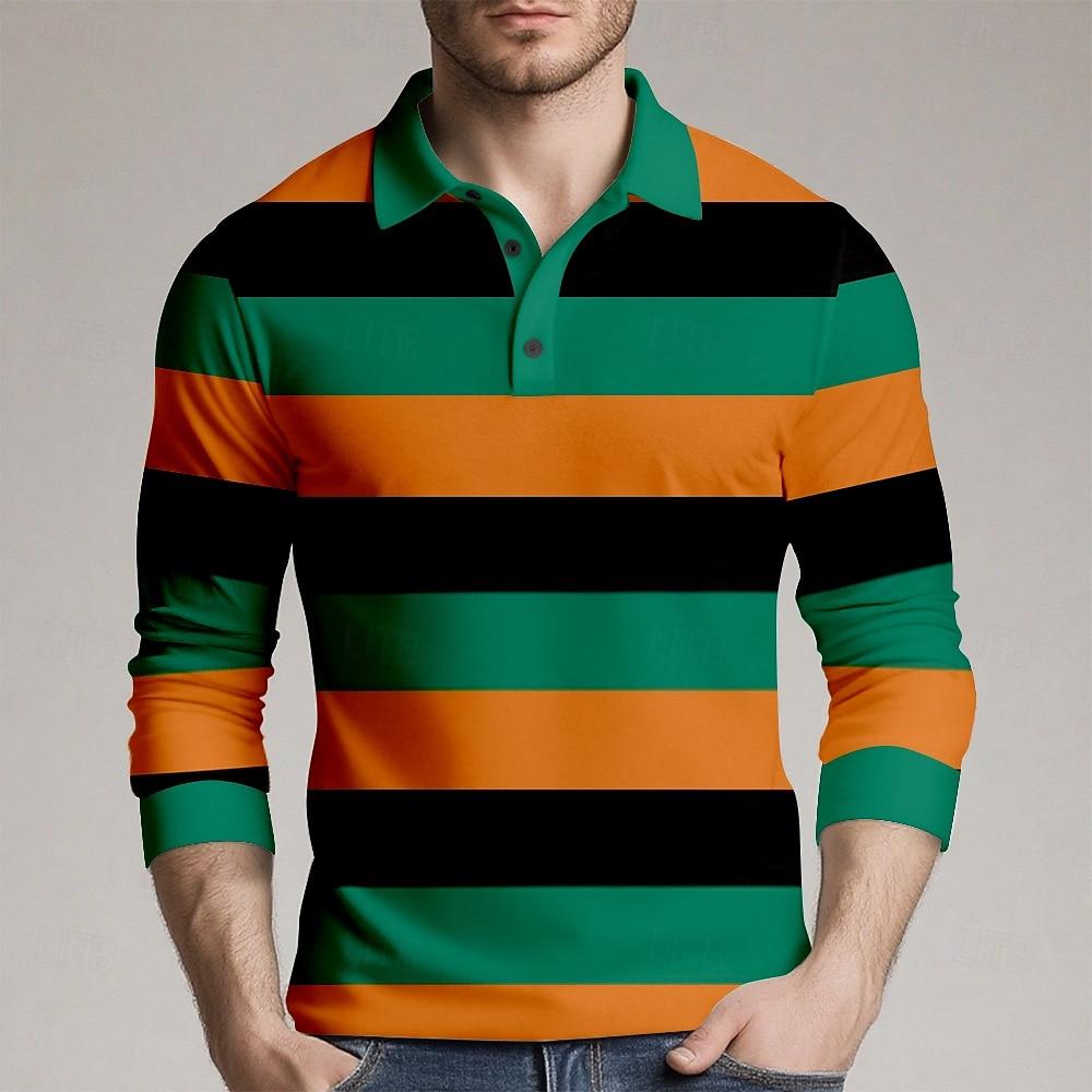 Sports Shirt 2026 Fashion Mens Stripes Long Sleeve Polo Shirt Breathable Business Casual Top Slim Fit Quick Dry
